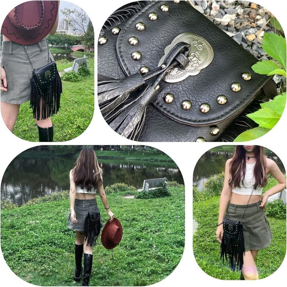 Vegan Leather Crossbody Bag Gothic Y2K Fringe Skull Tassel Halloween - Picture 3 of 7